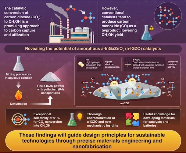 An infographic depicting carbon dioxide’s conversion to methanol