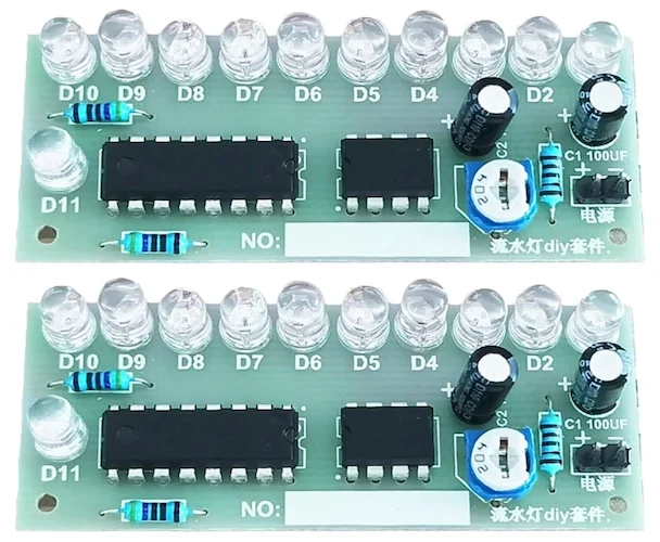 A soldering practice kit featuring a&nbsp;NE555 timer and CD4017 decade counter chips